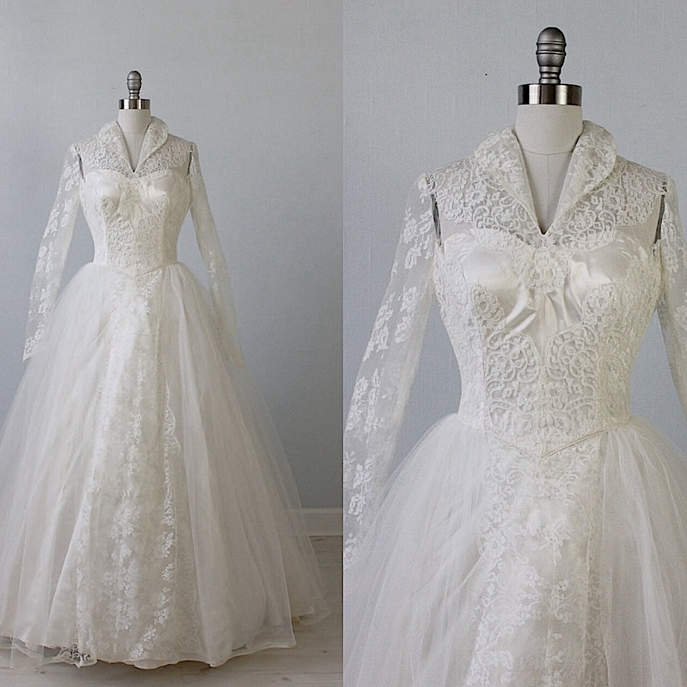1950s Wedding Dress, Lace Wedding Gown, High Collar, Long sleeve, Quiet Elegance
